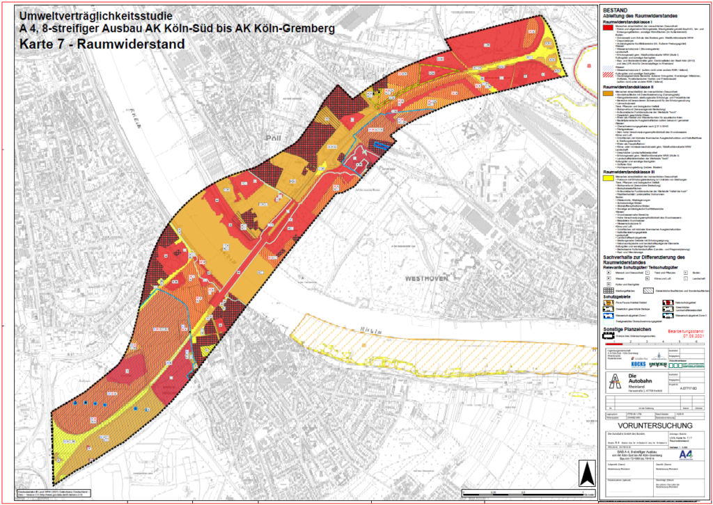 Karte aus der Umweltverträglichkeitsstudie, die die Raumwiderstände des Planungsraums nach Klassen zeigen.