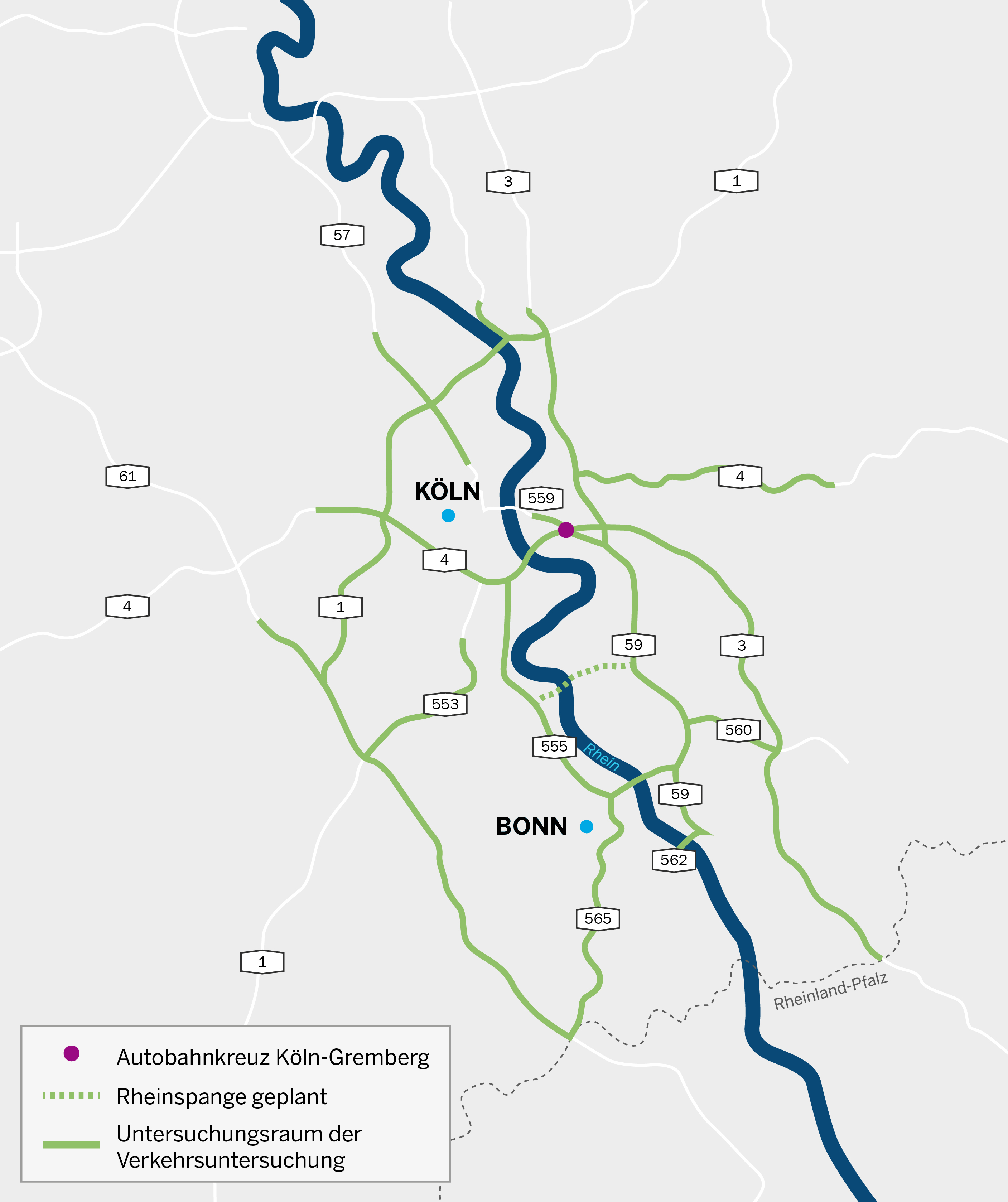 Karte des Untersuchungsraums der Verkehrsuntersuchung mit Markierung des Kreuz Köln-Gremberg
